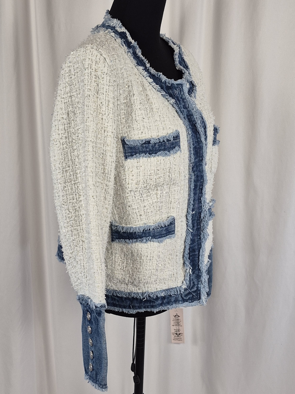 Nanette Lepore Tweed & Frayed Denim Jacket w/ Metallic Thread Sequins - Size XL - Picture 5 of 16